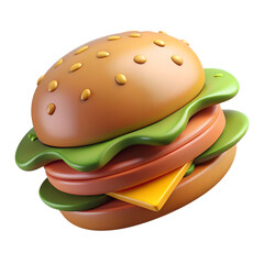 3d cartoon hamburger, fast food, delicious burger with layers on a transparent background