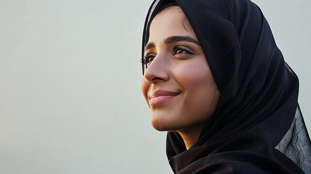 Woman in black hijab gazes to the side neutral background