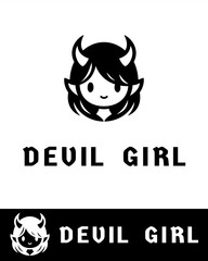 Cute and minimalist devil girl logo with horns, dark hair, and smiling face, logo for halloween
