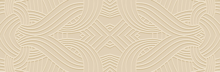 Banner, cover design, wallpaper, fresco. Geometric ethnic linear pattern on beige background. 3D, embossing, art deco. Ornaments, arabesques, mandala in the traditions of the East, Asia, India, Mexico