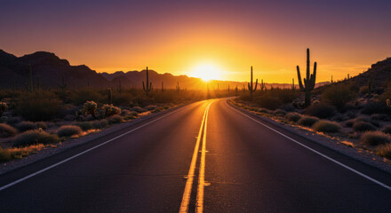 A scenic highway journey through the desert landscape, with a golden sun setting behind distant mountains.