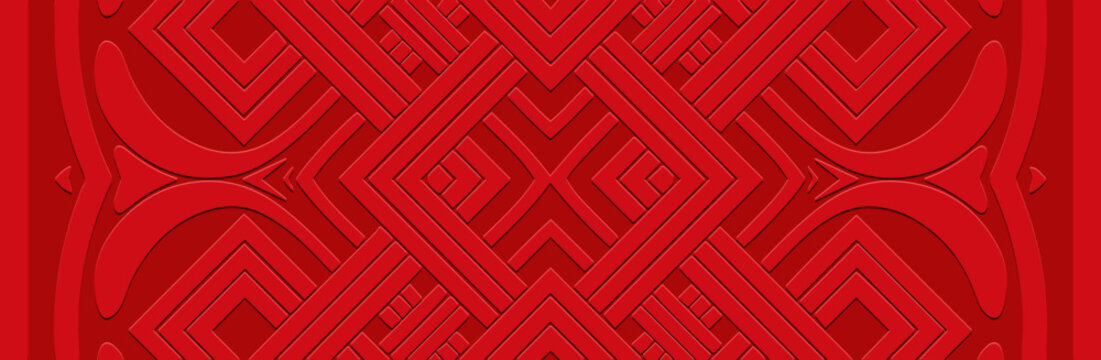 Banner, cover design, wallpaper, fresco. Geometric ethnic art deco pattern on a red background. 3D, embossing. Zentangle, doodling. Ornaments, arabesques, mandala of the East, Asia, India, Mexico