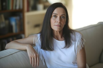 Obraz premium Woman with dark hair wearing white fringe shirt white shirt
