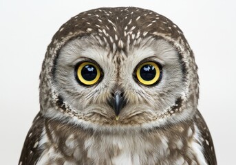 Obraz premium Closeup of a Brown and White Spotted Owl with Bright Yellow Eyes on White Background