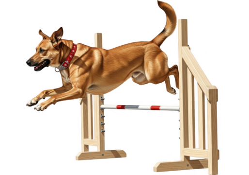 Dog jumping over hurdle in agility competition isolated on transparent background