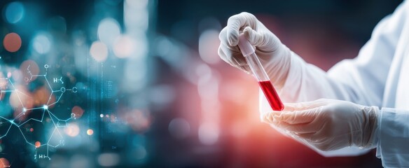 The scientist holding a test tube filled with red liquid in a laboratory setting.