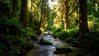 Sunlight streams through a lush forest stream