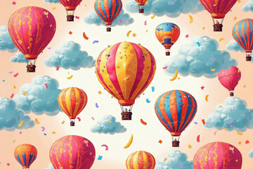 Naklejka premium Vibrant hot air balloons fly among clouds with falling confetti. Cheerful illustration for celebration, adventure, or imaginative designs.