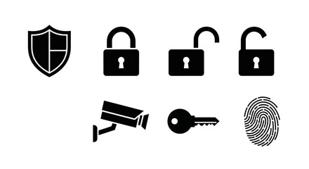 Security icons depicting a shield, locked and unlocked padlocks, CCTV camera, key, and fingerprint, all in black on a white background.