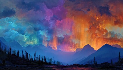 Colorful storm clouds over a mountain range