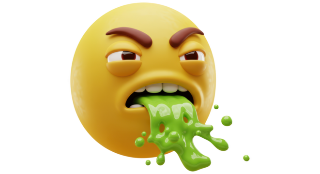 Disgusted Emoji Vomiting Green Slime in Close-Up View