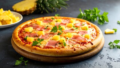 Hawaiian pizza, with pineapple and ham on a round crust