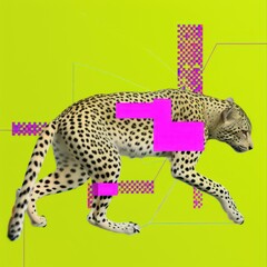 Collage art of animal and cmyk print marks wildlife cheetah panther.