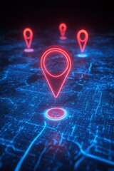 Three neon GPS icons highlighted on a techno city map, perfect for tech, travel, and geolocation concepts.