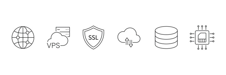 Web hosting line icon set. Containing internet, cloud computing, server, database, SSL, FTP, domain, firewall, data hosting, website and more. Editable line icons. Vector illustration.