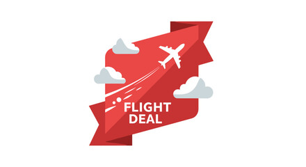 A vibrant red promotional banner featuring an airplane icon, clouds, and text 'FLIGHT DEAL' for travel advertisements.