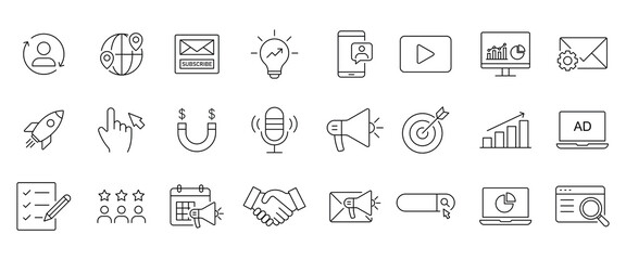 Digital marketing line icon set. Social media marketing icon collection set. Containing website, promote, product, digital, e-marketing, online advertising. Vector illustration.