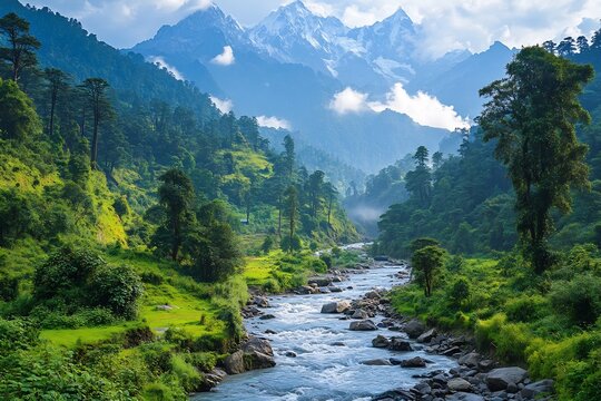 Vibrant river valley framed towering mountains and thick forests no human no labelling no logo
