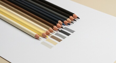 Fototapeta premium Earthy Toned Pencils with Color Swatches on White Paper, Close-Up