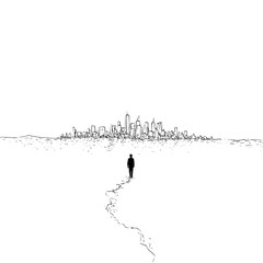 Obraz premium A lone figure walking toward a distant city skyline on a cracked path in a black and white illustration