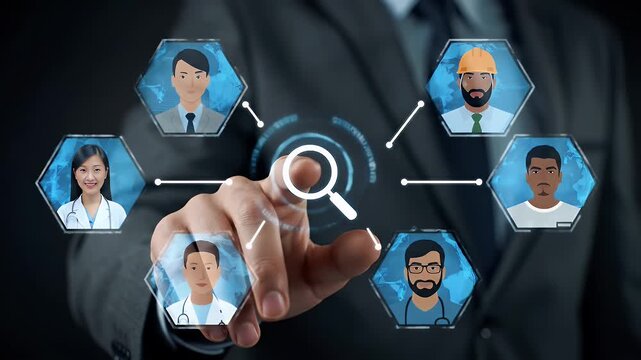 Hand Reaching Towards Digital Avatars of Professionals on Black Background Illustrating Global Recruitment and Hiring with Network Connections