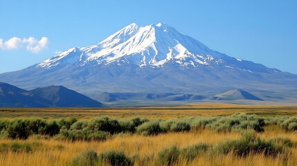 Vibrant steppe landscape stretching distant snow capped peaks no human no labelling no logo
