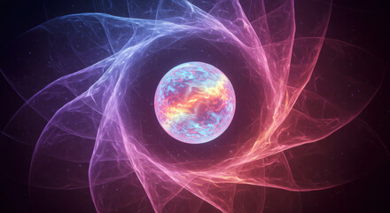 Abstract digital art of a cosmic singularity or star core, with a glowing sphere in a swirling nebula of blue and red fractal light