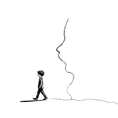 Fototapeta premium A drawing of a boy walking with a shadow and a large face outline in the background on a white surface