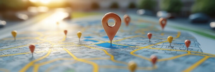 Sunlit map dotted with push pins, symbolizing planning an adventure, setting goals, and exploring new places.