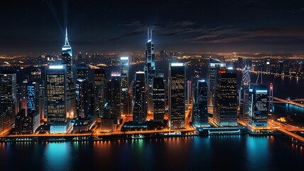 Naklejka premium Futuristic Neon Cityscape at Night with Glowing Skyscrapers V2