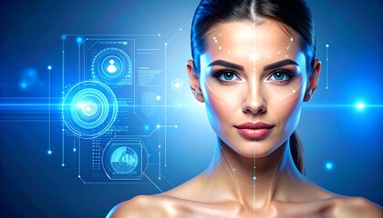 Futuristic beauty portrait with digital interface and face recognition technology application