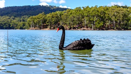 Elegant black swan gliding on a tranquil lake with lush green forest background