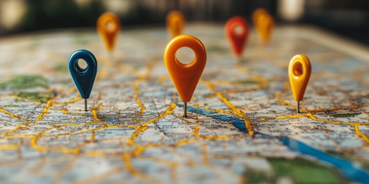 Road map with blue and yellow pins, highlighting different points of interest for personalized travel planning.