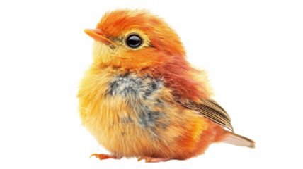 Colorful small bird with fluffy feathers perched elegantly in a bright setting, showcasing intricate plumage details during daylight on transparent background