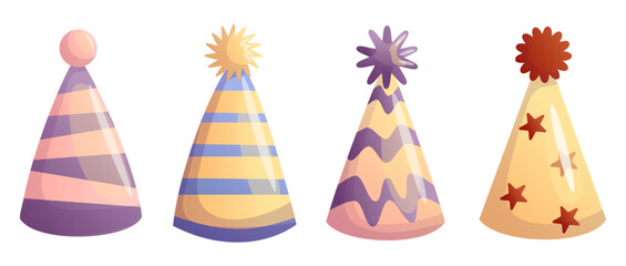 Cartoon Party Hats Vector for Celebrations and Events. Bright cartoon-style vector illustration of festive party hats. Perfect for birthdays, holidays, and celebration-themed designs or invitations.

