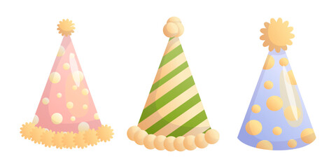 Cartoon Party Hats Vector for Celebrations and Events. Bright cartoon-style vector illustration of festive party hats. Perfect for birthdays, holidays, and celebration-themed designs or invitations.
