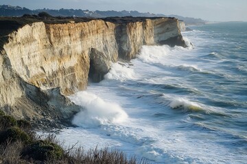 Windswept coastal cliffs battered roaring ocean waves no human no labelling no logo