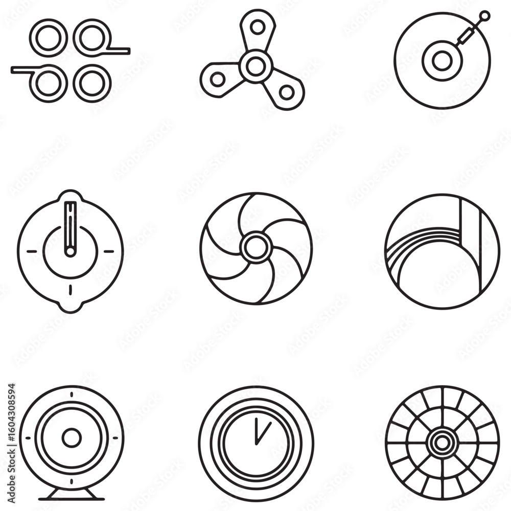 Poster minimalist line art collection of circular icons representing various objects and designs