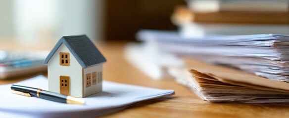 The miniature house representing homeownership in a workspace setting.