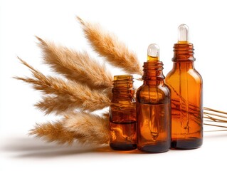 Fototapeta premium Amber Glass Bottles with Droppers and Pampas Grass on White Background