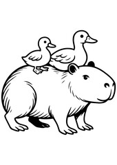 Fototapeta premium Black and white vector illustration of a capybara with two ducks on its back. Perfect for engraving, laser cut, prints, tattoos, and creative designs