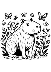 Black and white vector illustration of a capybara in a field of wildflowers with butterflies. Ideal for engraving, prints, tattoos, laser cut, and design projects