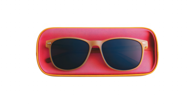 Stylish sunglasses resting in a vibrant case ready for summer adventures at the beach or outdoor events on transparent background