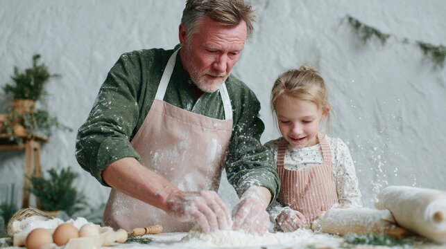 Elderly man and young girl baking together in a cozy kitchen during a winter day - Powered by Adobe