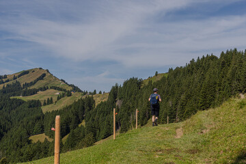 Fototapeta premium Man with backpack hiking on mountain path