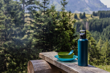 Picnic Lunch on a Wooden Bench in the Mountains