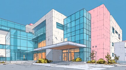 Fototapeta premium Modern glass hospital building, health care architecture scene, medical facility design, clean structure art, clinic view