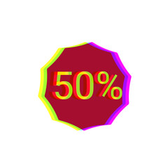 Red and yellow “50%” discount badge on dark background with sticker shape