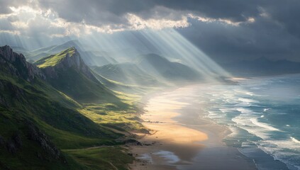 Sunbeams pierce dramatic clouds over a rugged coastline. Lush green hills meet a sandy beach