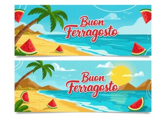 Buon ferragosto italian summer holiday beach scene with watermelon